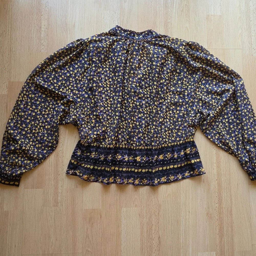 Free People Floral Beaded Peplum Crop Blouse XS Black Yellow Dolman Sleeve